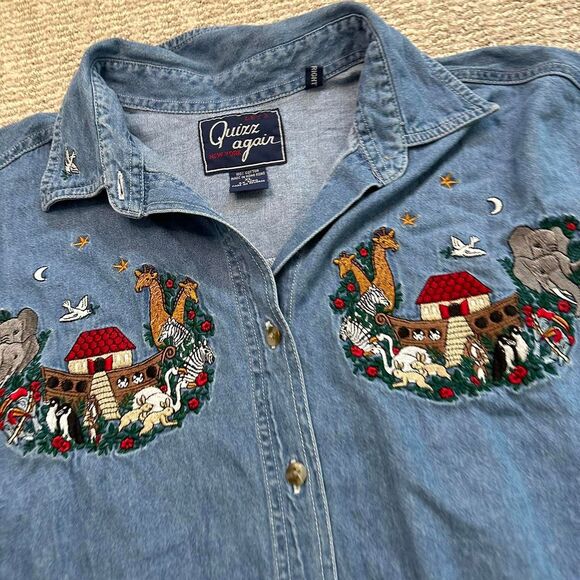 Vintage Embroidered Denim Button Up Shirt – Western Rodeo Noah’s Ark Top Cotton - Picture 3 of 8
